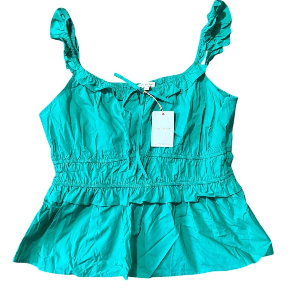 Skies Are Blue Green Cotton Smocked Peplum Ruffle Tank Top Women's Large NWT - Picture 4 of 10